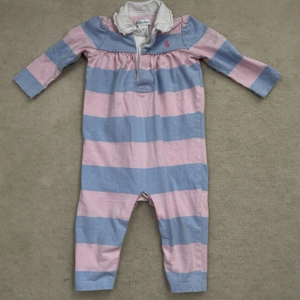 Ralph Lauren Baby Girl Romper 9M Pink Blue Striped Long Sleeve